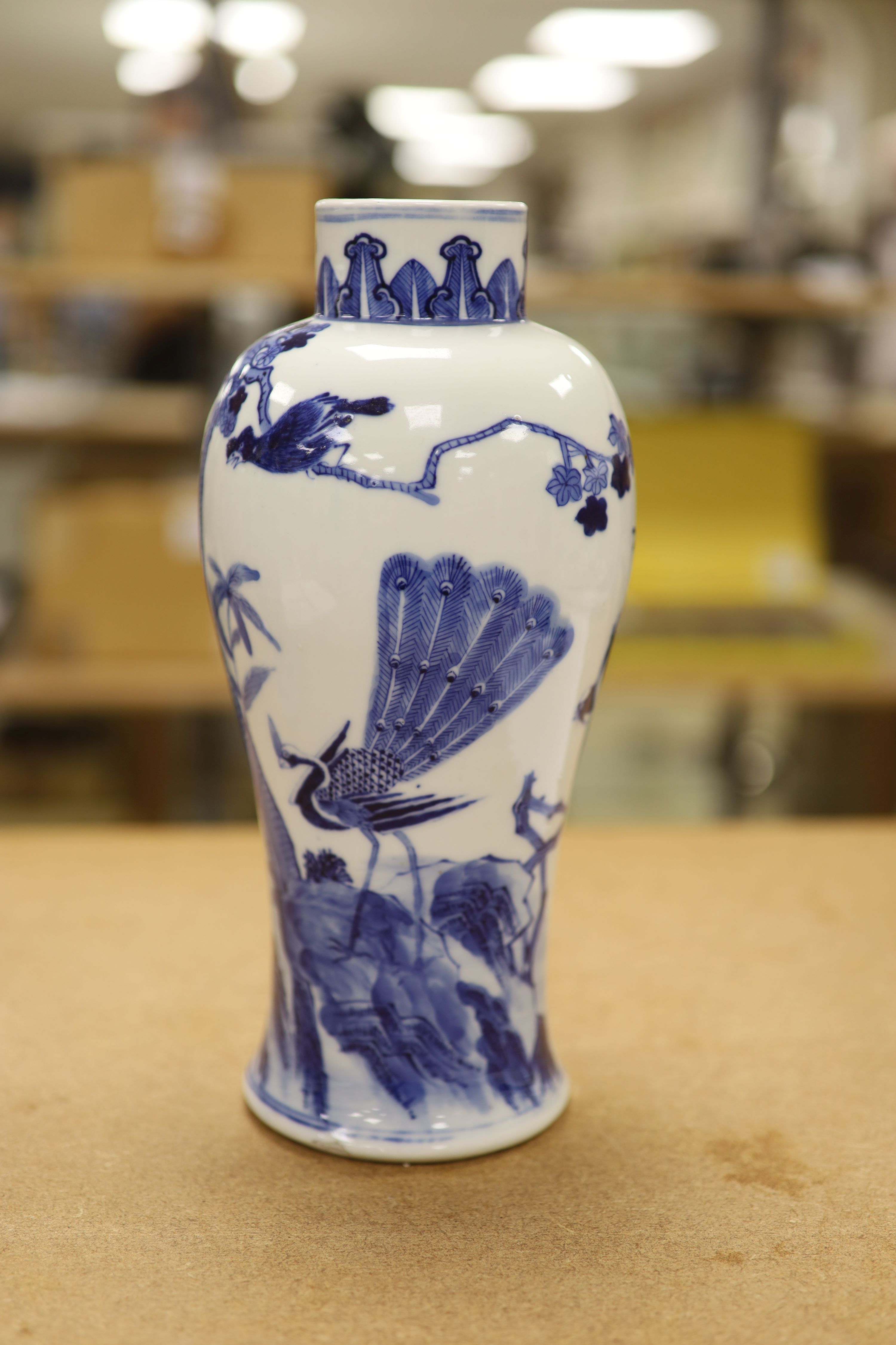 Two 19th century Chinese blue and white vases, decorated with phoenix, tallest 28cm (a.f)